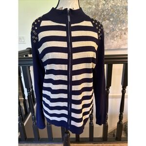 Fontana Blue/Gold XL cardigan sweater gold ring studs & rhinestone zip New